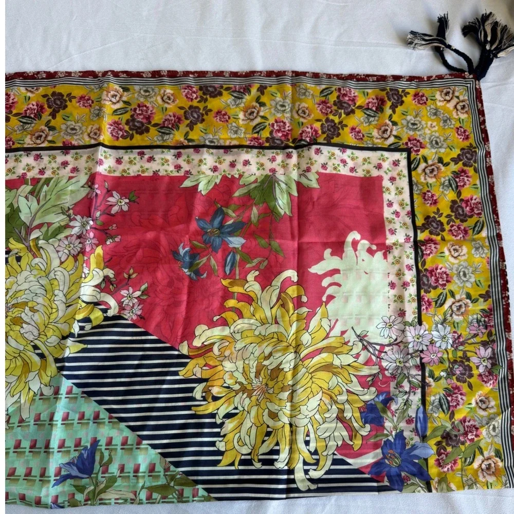 Johnny Was Silk Scarf Floral Mixed Print Tassel Boho Yellow Green 42x42